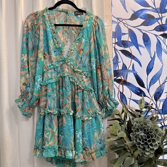 New B. Dainty Polyester Floral Green Cut Out Back Long Sleeve Babydoll Dress - Picture 3 of 13